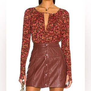 Free People NWT Kaya Red Floral Print Long Sleeve Bodysuit L Boho Western Chic
